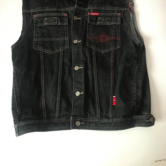 ECKO UNLIMITED Mens MEDIUM Trucker Button Down Denim Vest Black Gray Red Y2K - Picture 2 of 11
